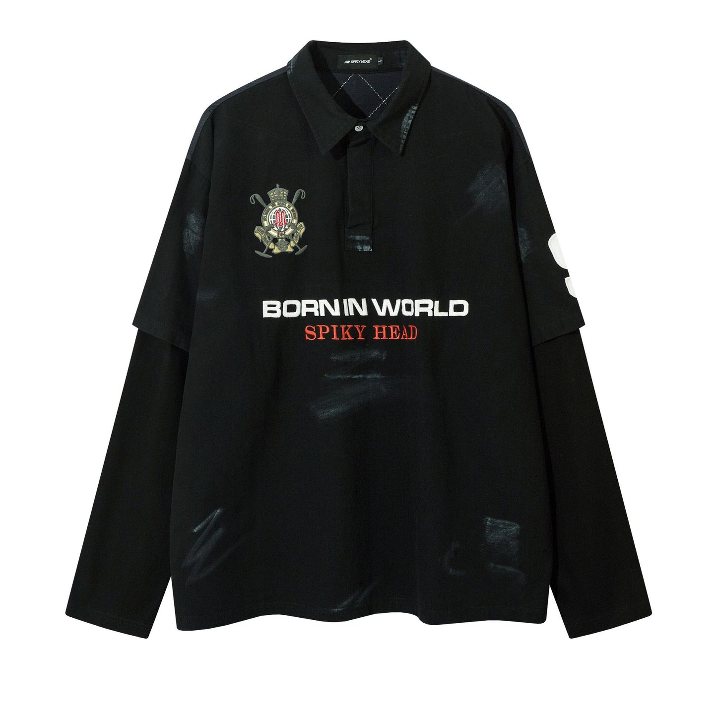 Fake two embroidered sweatshirts polo collar hoodies