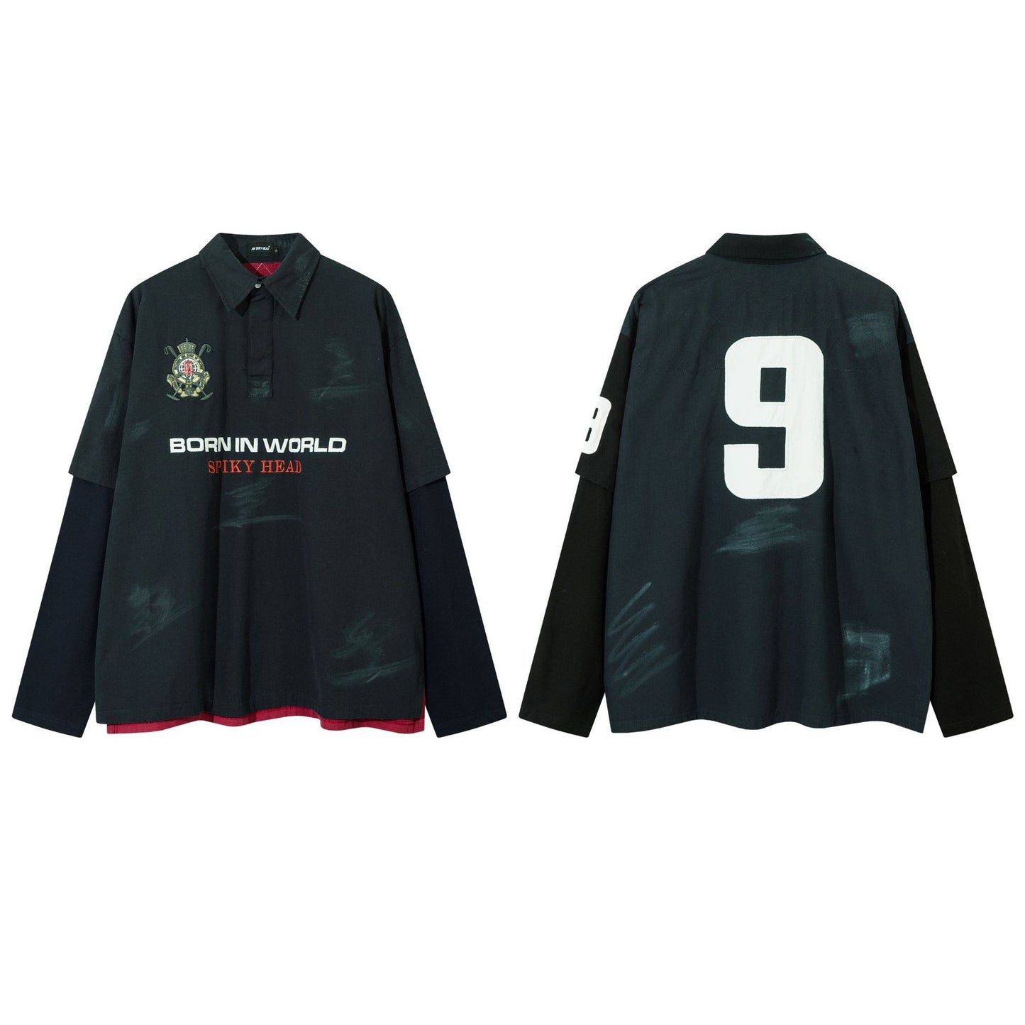 Fake two embroidered sweatshirts polo collar hoodies