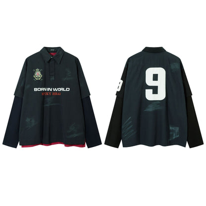 Fake two embroidered sweatshirts polo collar hoodies
