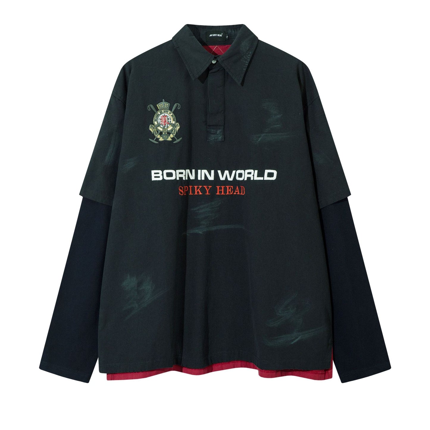 Fake two embroidered sweatshirts polo collar hoodies