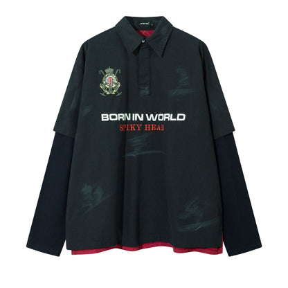 Fake two embroidered sweatshirts polo collar hoodies