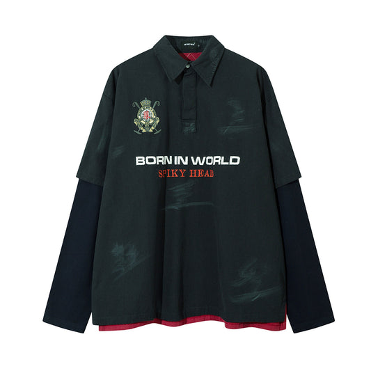 Fake two embroidered sweatshirts polo collar hoodies
