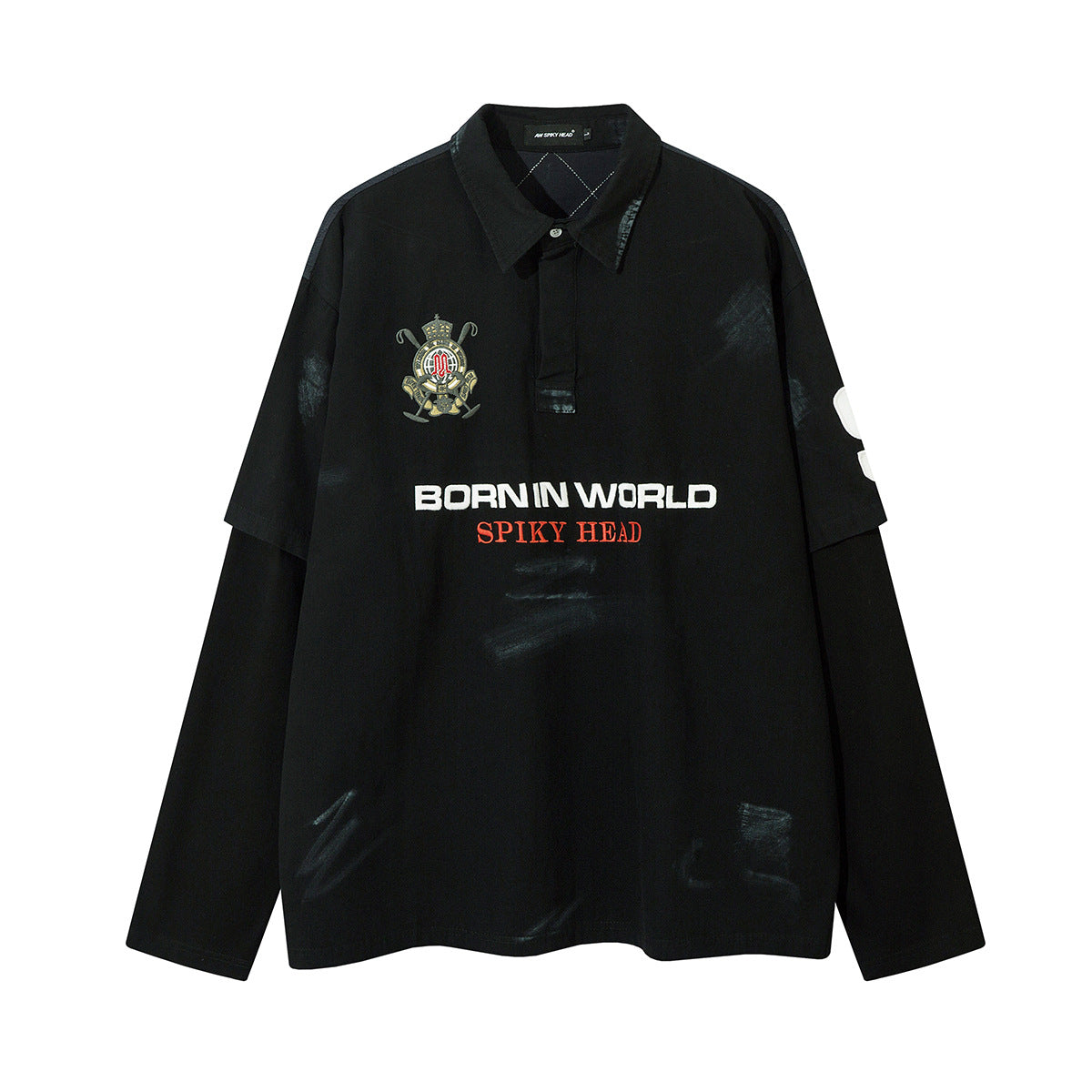 Fake two embroidered sweatshirts polo collar hoodies