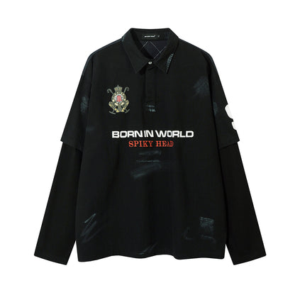 Fake two embroidered sweatshirts polo collar hoodies